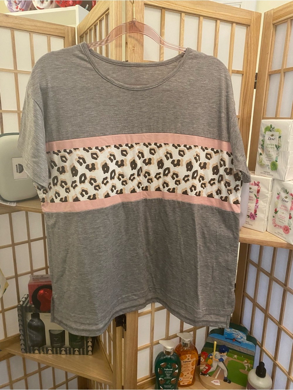 XL Gray Leopard Print Color Block Short Sleeve Top